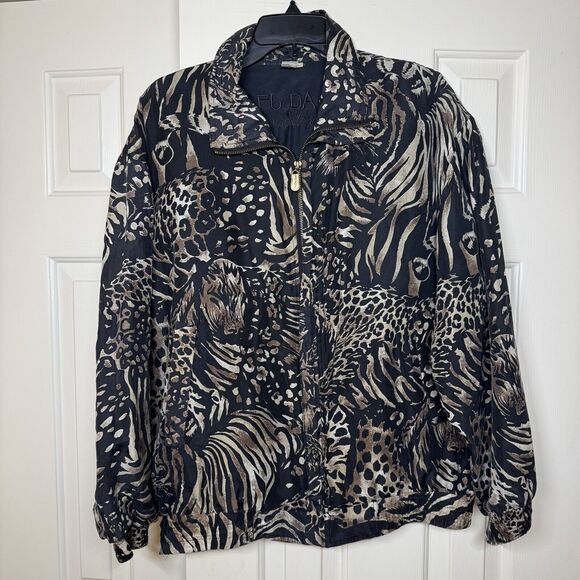 FUDA International Jackets & Blazers - Vintage 80s Silk Tiger Leopard Animal Print All Over Bomber Jacket Medium